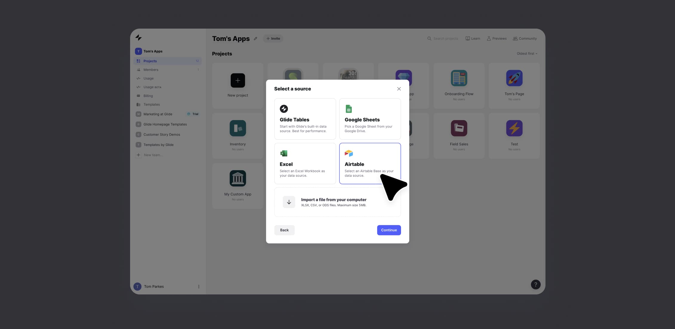 Sign in or create your Glide Apps account. To start a new project from your dashboard, select Airtable as the source.