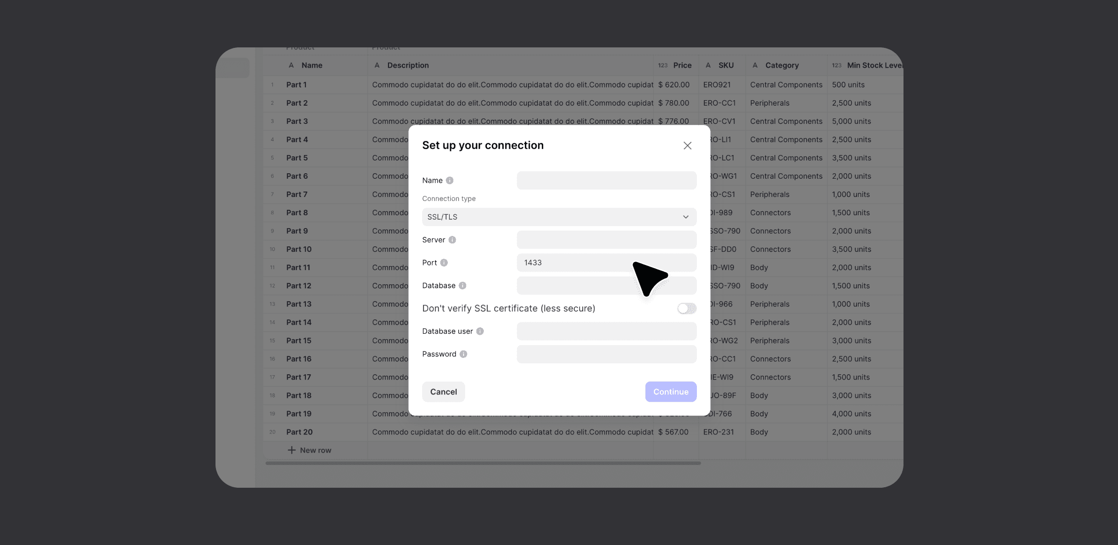 Select MySQL as a data source and set up your connection directly in Glide in the Data Editor.